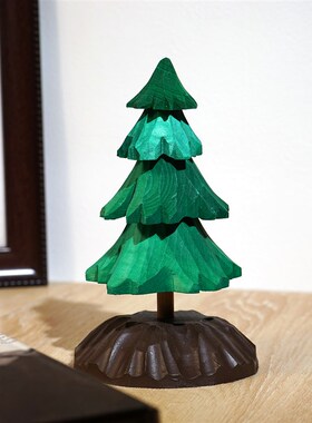 雪松树手工木雕小摆件实木雕刻圣诞节日氛围感布置道具桌面装饰品