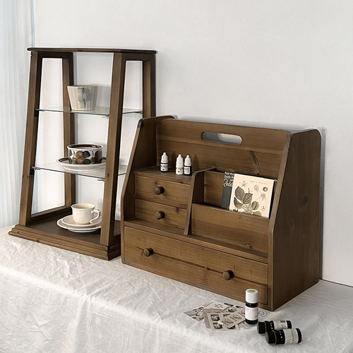 闻森家居复古收纳盒桌面文具手z账胶带整理展示实木质抽屉式手提