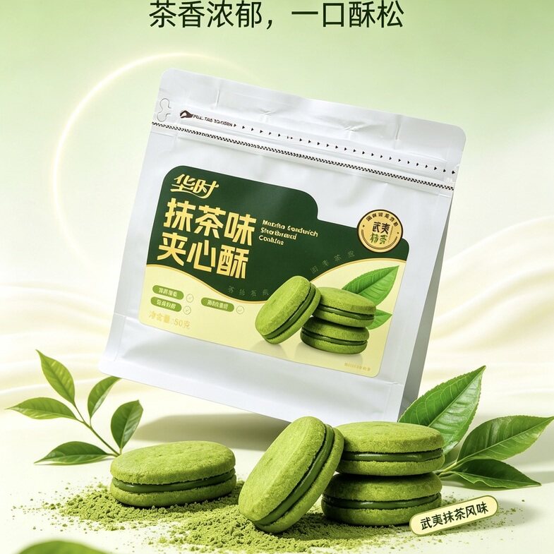 【华时】抹茶味夹心酥90克〔袋中式糕点/新中式糕点