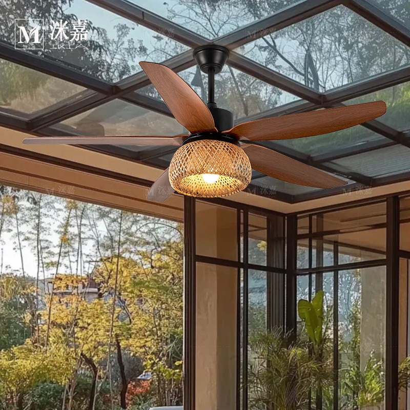 复古餐厅风扇灯中古茶室农庄商用火锅店吊扇灯东南亚民宿藤编吊灯