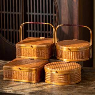 复古竹编食盒竹提盒户外茶盒提篮点心竹篮茶具收纳盒圆形手提篮