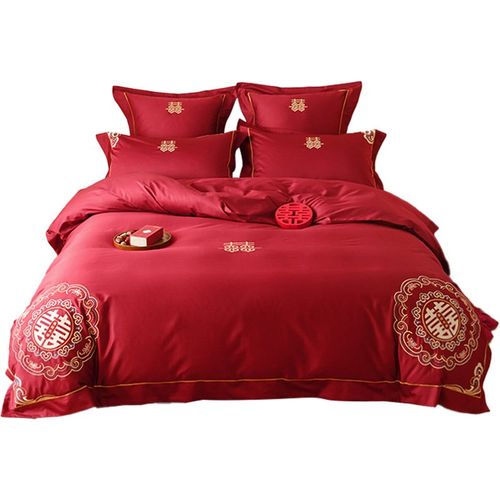 高级感红色结婚长绒棉四件套喜被婚庆被套婚嫁轻奢风刺绣床上用品