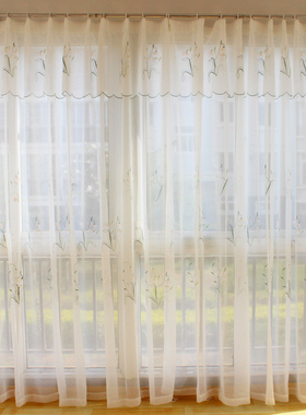 成品绣花窗纱 半遮光透光窗纱田E园刺绣窗帘成品白色阳台客厅