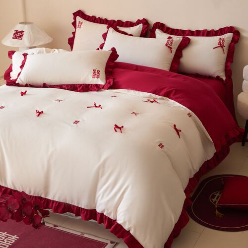 法式浪漫结婚四件套大红色婚庆被套新婚陪嫁床上用品婚房喜被床单