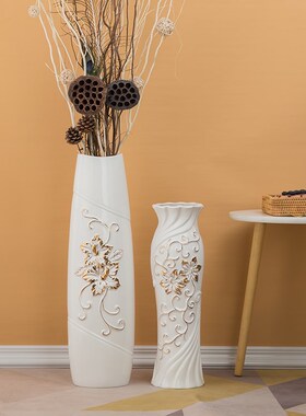 白色描金陶瓷花瓶摆件落地大号y桌面小号客厅插花富贵竹银柳可装