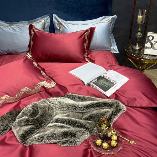 新款酒红色100支全棉四件套婚庆简约床上用品长绒棉喜被1.8六件套