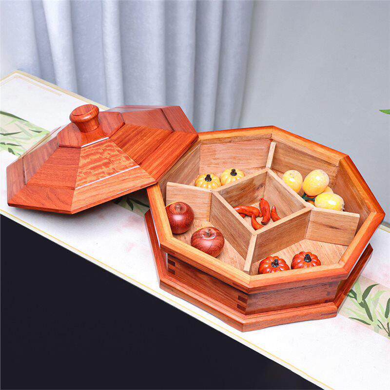 缅甸花梨全独板新中式八角果盘坚果糖果盒摆件装饰品红木榫卯结构
