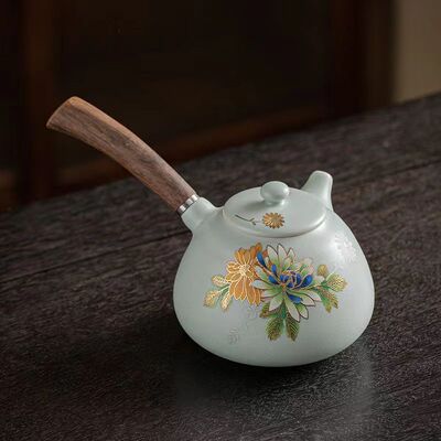 珐琅汝功夫茶壶可养家彩防烫木质侧把壶单壶用瓷开片纯色茶具单品