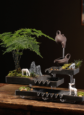 创意单横杠配件流水招财摆件简约轻奢造景装饰鱼缸陶瓷缸软装客厅