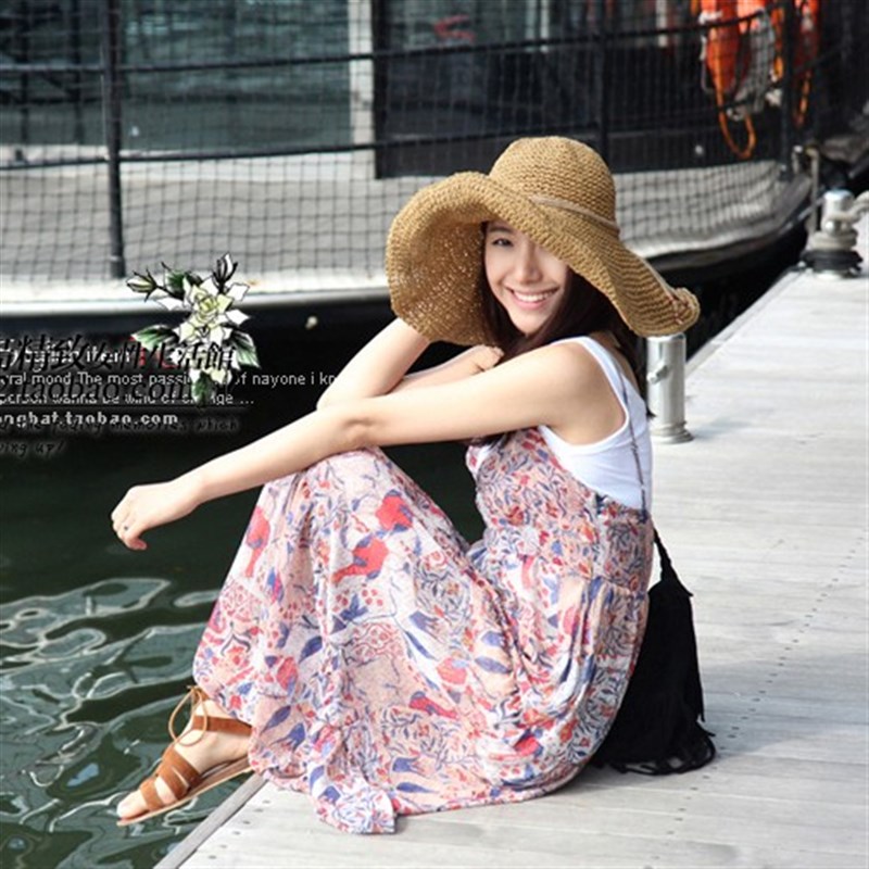 杨桃编织度假沙滩帽大沿遮阳帽子可折叠可定型软纸草帽女包邮