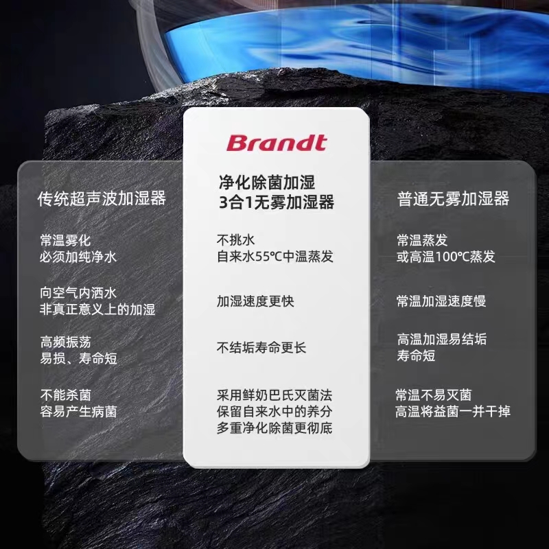 Brandt白朗无雾加湿器家用卧室孕妇婴儿蒸发落地空气净化杀菌静音