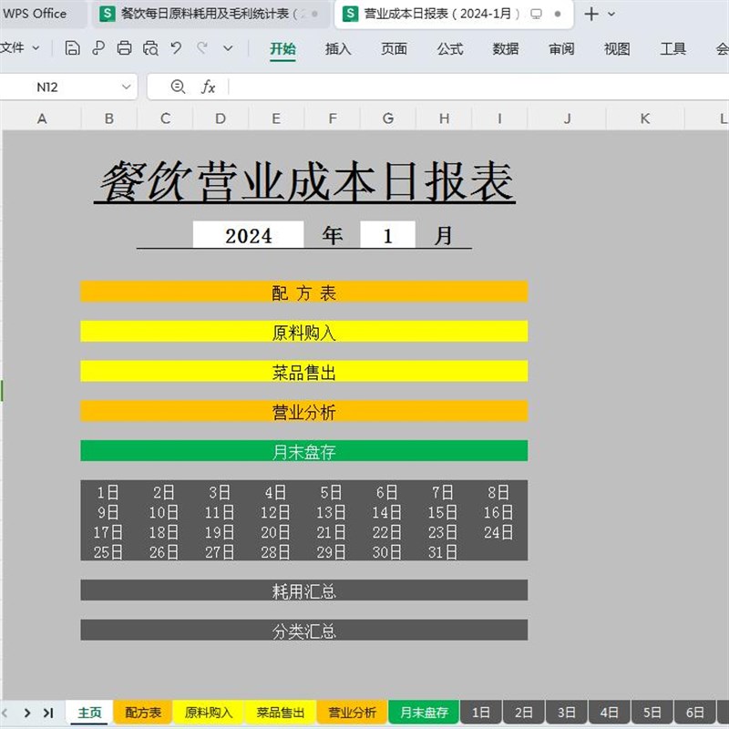 餐饮每日库存及耗用统计表营业成本毛利润日报表核算经营分析管控