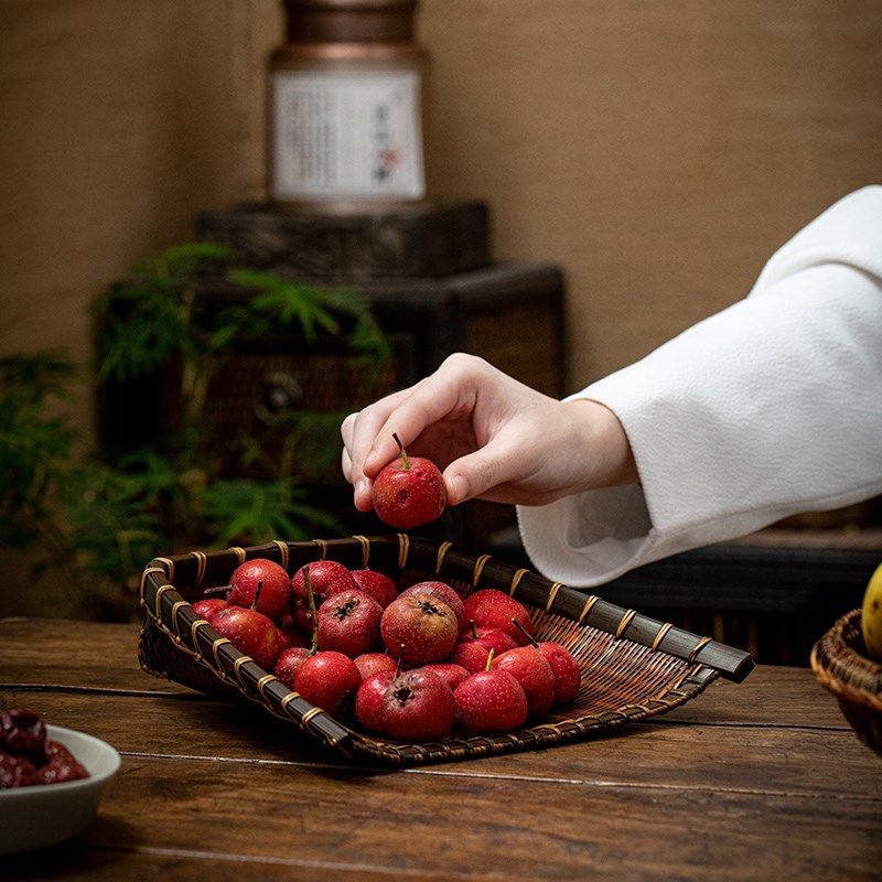 竹编老式簸箕摆件 民宿装饰竹筐竹筲箕 桌面茶几水果盘零食收纳筐