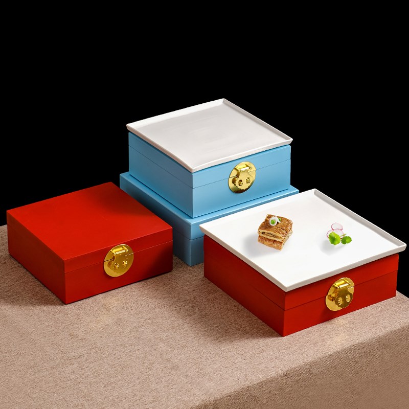 创意明档展示木盒子餐具中式酒店饭店菜品底座自助餐厅方形摆盘子