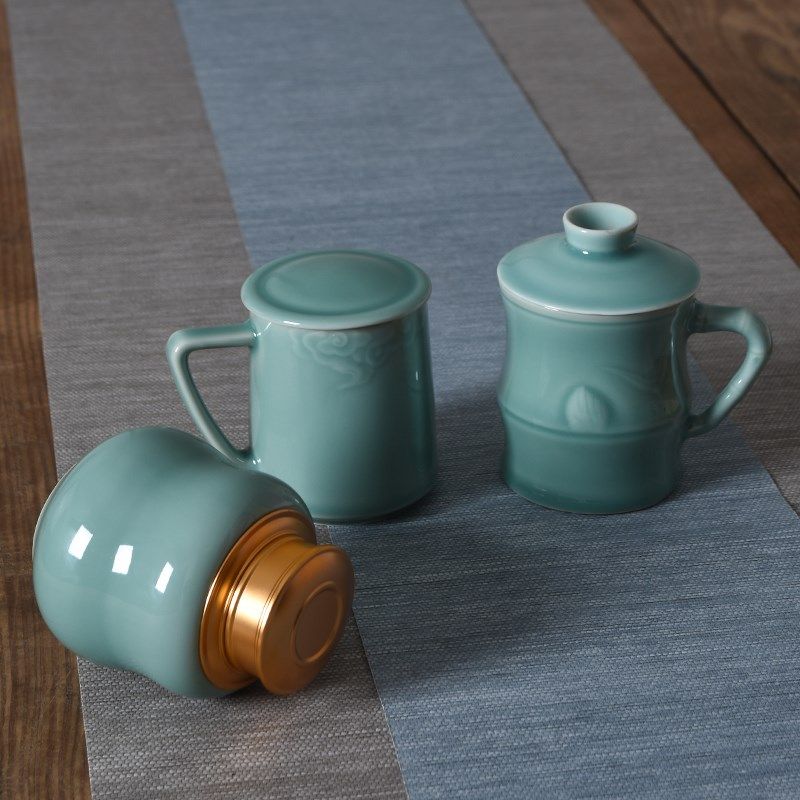 青瓷天青釉茶杯茶叶罐礼品套装陶瓷带盖竹节杯高档木礼盒年会送礼