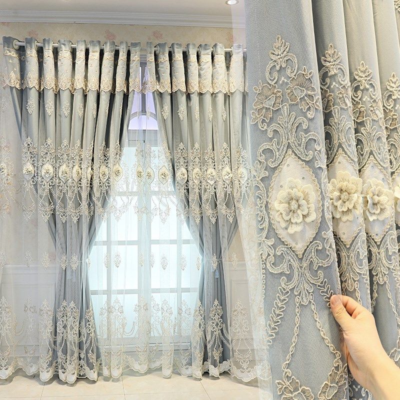 欧式高档简约现代布纱一体遮光双层浮雕绣花窗帘定制卧室客厅奢华