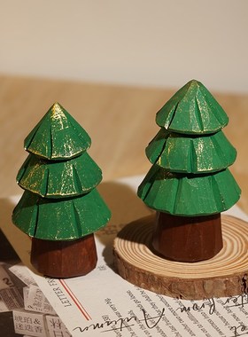 【放青松】金光雪松树手工木雕小摆件桌面创意装饰氛围道具礼物