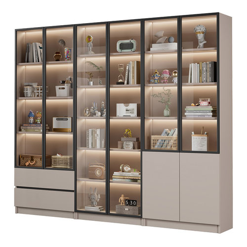 书柜家用带玻璃门客厅一体整墙现代轻奢定制收纳柜实木书架展示柜