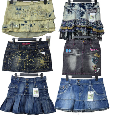 古着vintageB3牛仔短裙女y2k千禧辣妹低腰做旧印花半身裙亚比风