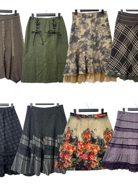 古着vintageS1毛呢半身裙女A字裙中长款百搭森系艺术系高知裙子