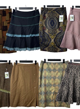 古着vintageS6复古港风印花拼接半身裙女百搭A字海淘嬉皮风复古裙