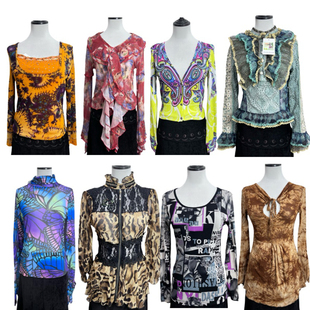 古着vintageQ23海淘复古Y2K印花长袖 T恤女辣妹风网纱拼接显瘦上衣