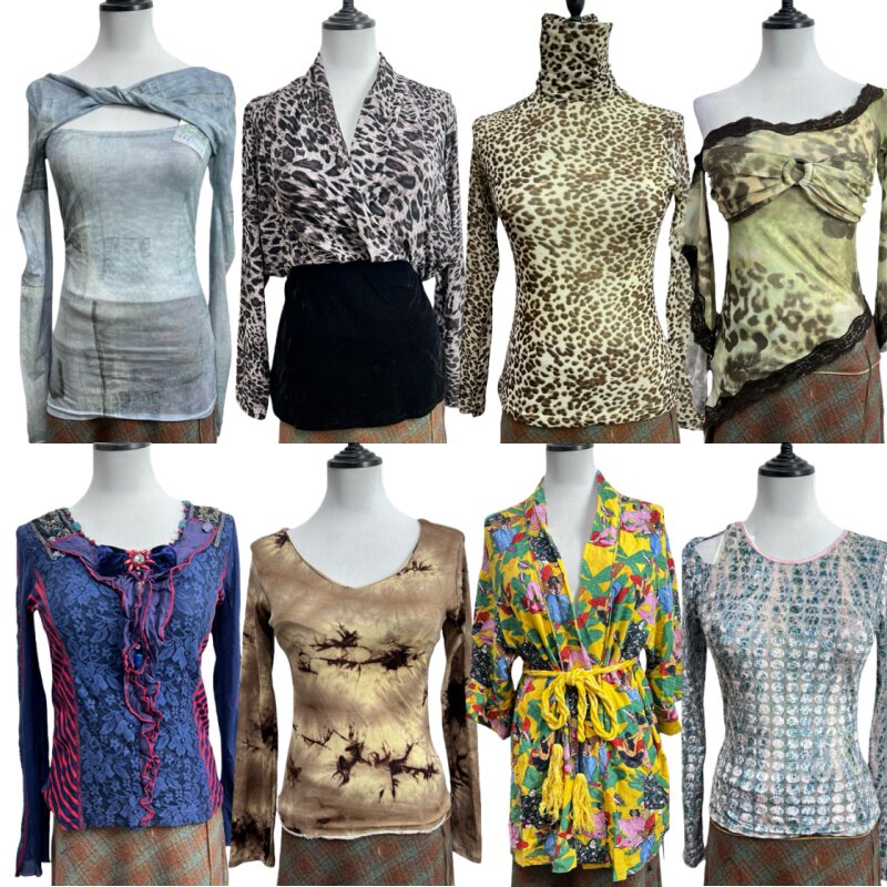 古着vintageQ22海淘嬉皮印花长袖T恤女辣妹修身显瘦Y2K风个性穿搭