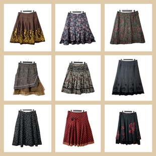 古着vintage风D21复古港式 A字裙秋冬 印花半身裙女百搭海淘中长款