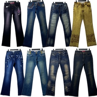 百搭 四季 古着vintageN1复古牛仔风喇叭长裤 女低腰做旧刺绣微喇裤