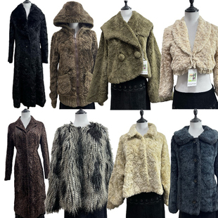vintage古着D23人造皮草大衣女秋冬海淘森翻领长款保暖高级感外套