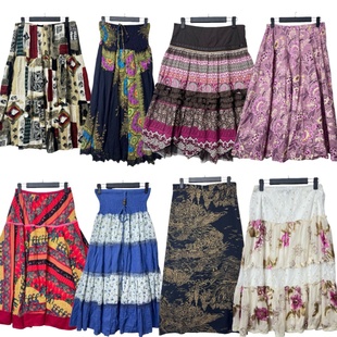 古着vintageA8复古波西米亚风印花拼接半身裙女嬉皮A字百搭中长裙