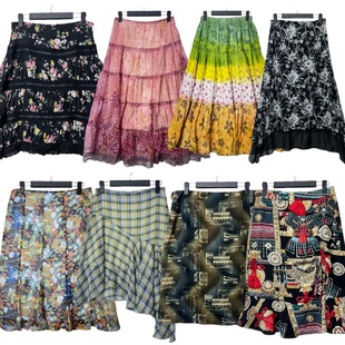 古着vintageA9复古印花拼接半身裙女百搭A字中长裙波西米亚风伞裙
