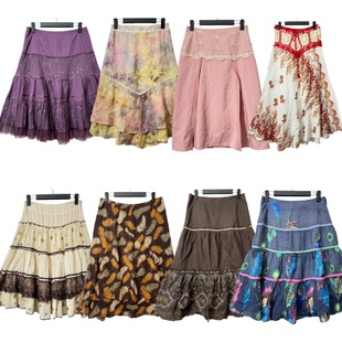 古着vintageA1复古印花A字女春秋高腰百搭中长款 蛋糕裙多色文艺裙