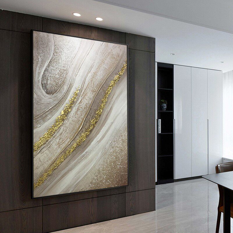 手绘油画立体金箔肌理画 现代简约客厅背景墙竖版挂画玄关装饰画