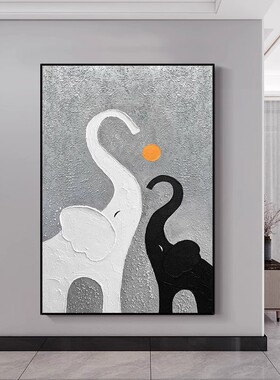 吉祥大象手绘油画动物黑白肌理客厅玄关装饰画挂画壁画装饰画挂画