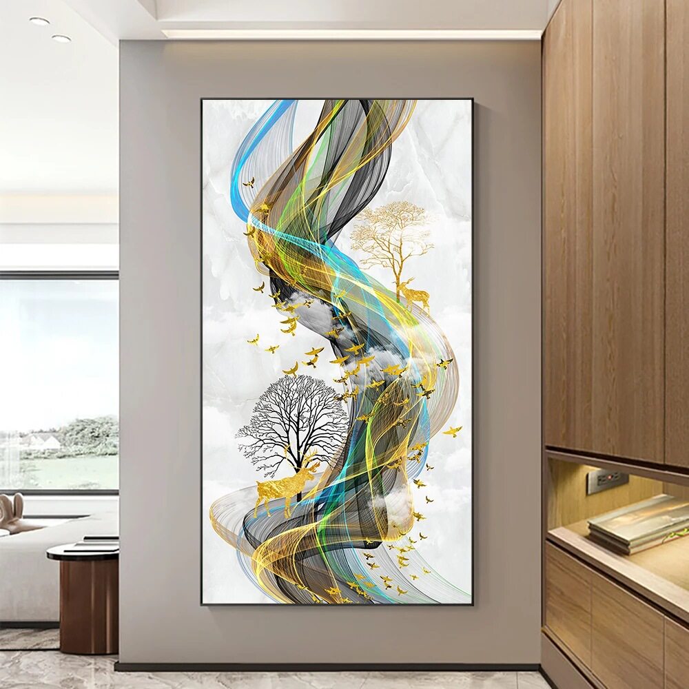 单幅抽象树金鹿现代北欧景观轻奢客厅装饰画 家居酒店玄关挂画
