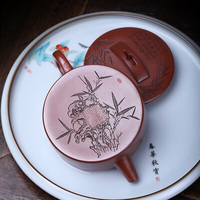160ml刻兴大红袍紫砂壶大口汉宜单壶 复古家用茶具瓦竹茶壶