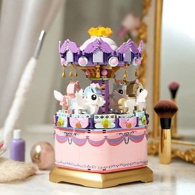 旋转木马音乐盒积木益智拼装玩具八音盒摩天轮摆件手工创意礼物