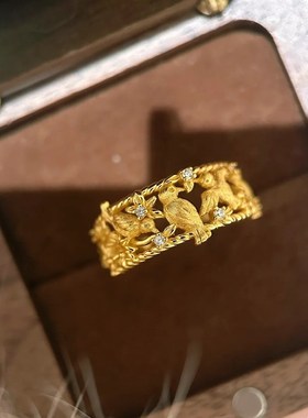 新中式沙金不掉色喜鹊o镂空花丝戒指气质高级感指环国风配饰食指