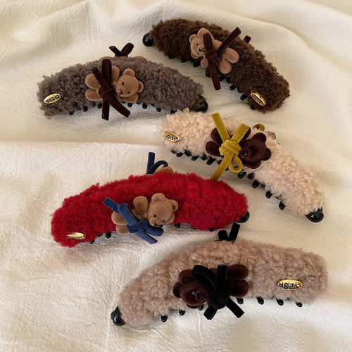 韩系可爱小熊毛绒香蕉夹竖夹高马尾发夹女感温柔后脑勺女抓夹