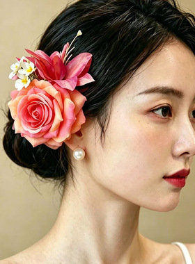 甜美粉色玫瑰花朵发夹女侧边一字夹古风旗袍发饰旅游百合鸭夹头花