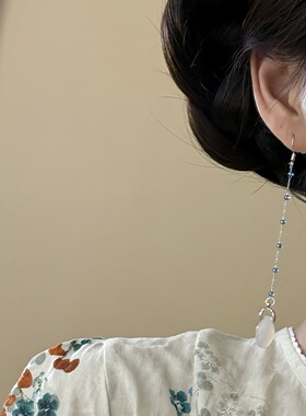 「玉瓶婉儿」新中式蓝色串珠流苏耳环女白玉吊坠耳钉温柔气质耳饰