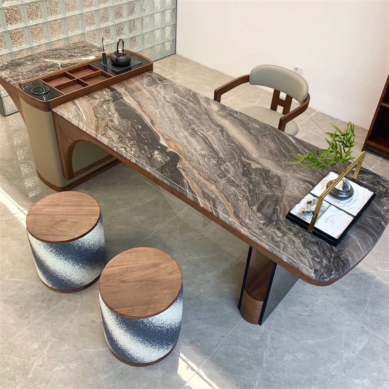 北美黑胡桃木新中式茶桌椅组合岩B板功夫茶桌实木茶台办公室茶几