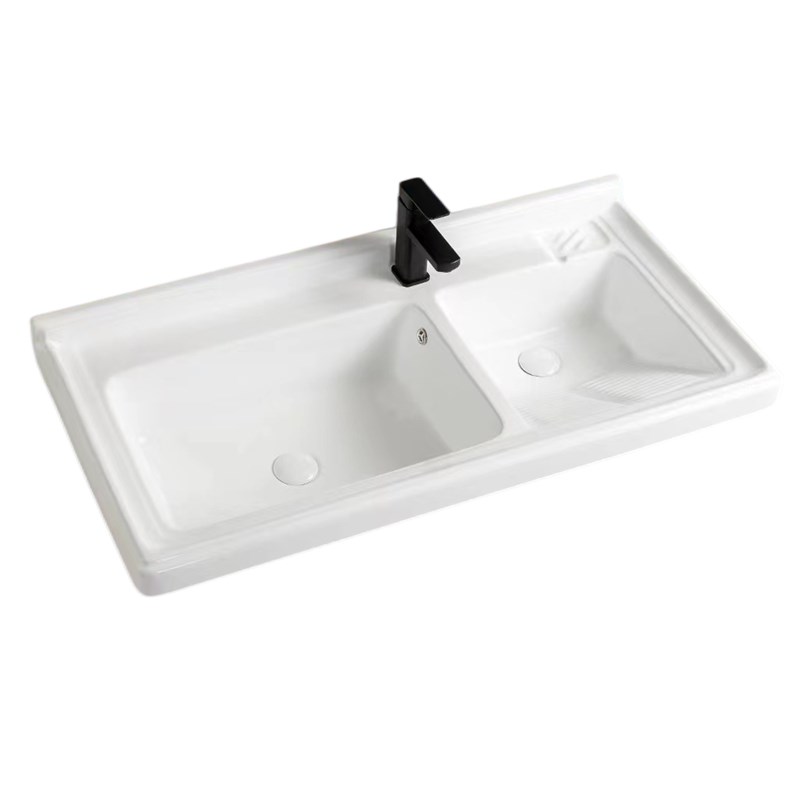 1米洗衣盆双盆h 陶瓷洗衣池带搓板 阳台水池 台盆一体式80双盆深