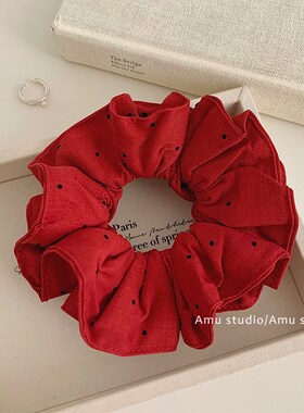 红色波点布艺双层大肠p发圈女花朵发绳韩系扎低马尾头绳扎头发皮