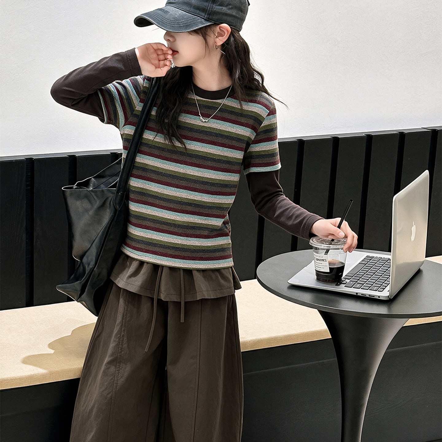 女童韩版秋季假两件条纹套装学生洋气时尚两件套时髦圆领长袖衣服