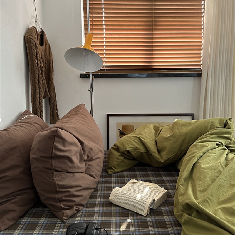 色织简约纯色床单四件套全棉床笠被套被罩宿舍床品床上三件套