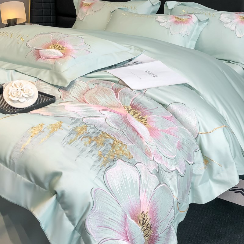 高级A类长绒棉四件套全棉被罩床单花卉刺绣被套轻奢床上用品4