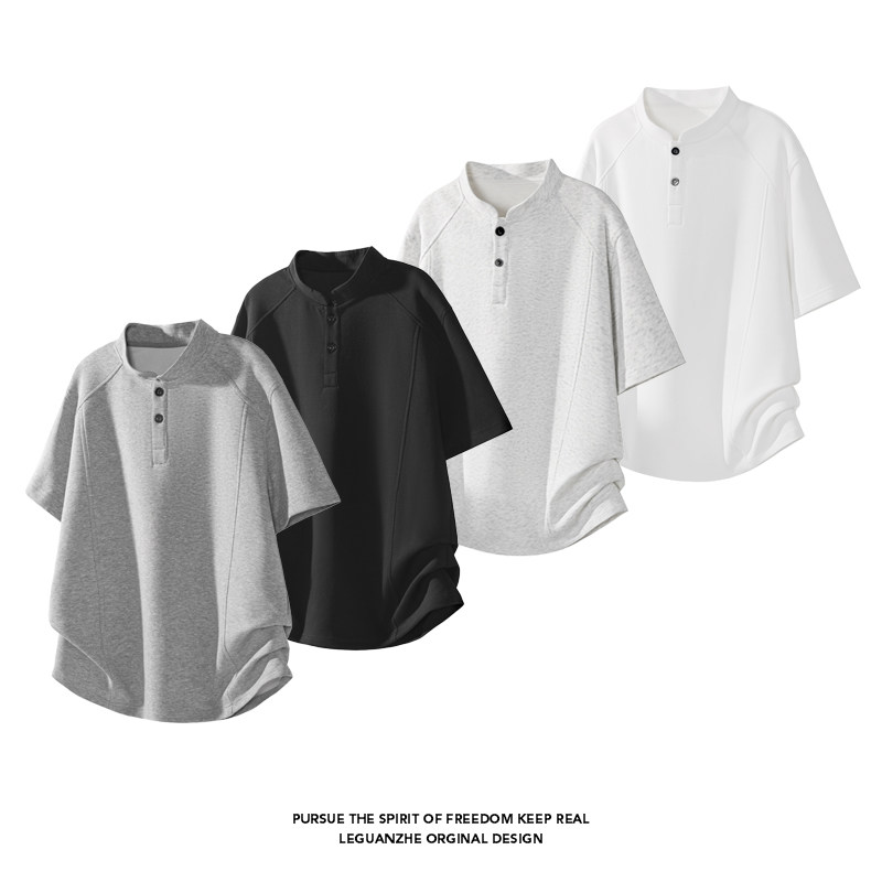 高街亨利领t恤男款夏季潮牌百搭短款休闲上衣美式立领短袖POLO衫