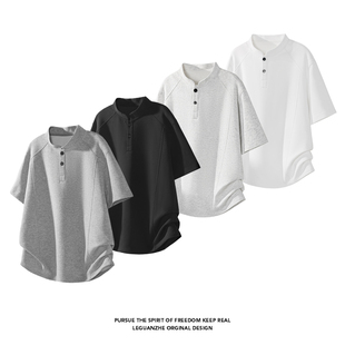 夏季 POLO衫 潮牌百搭短款 立领短袖 休闲上衣美式 高街亨利领t恤男款